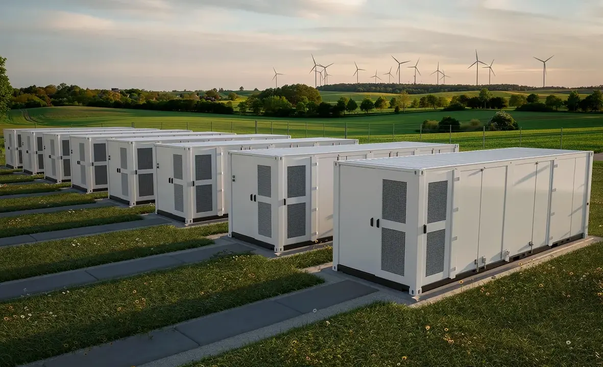 Energy Storage Park With Wind Farm In The Background
