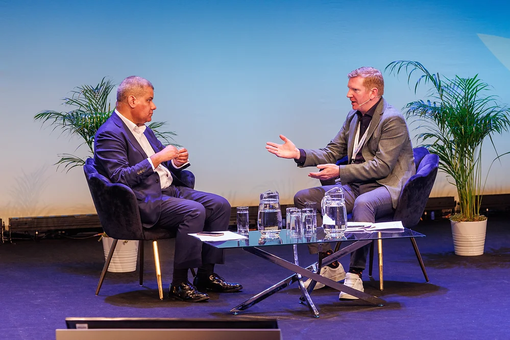 Dan McGrail (right) and Alok Sharma (left) in discussion at RenewableUK's Global Offshore Wind conference 2024