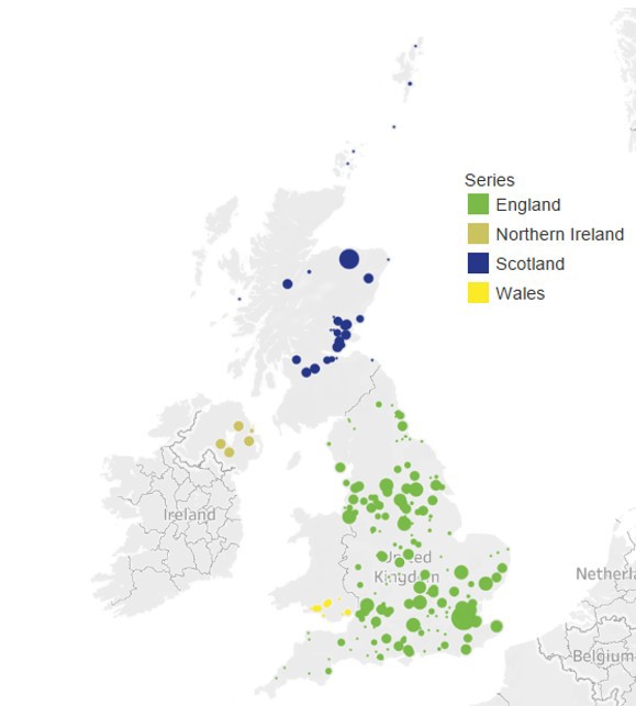 Map of operational battery storage assets in the UK where the size of the circle indicates the capacity of the project