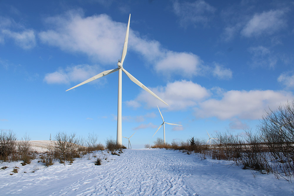 Whitelee onshore wind farm in the snow