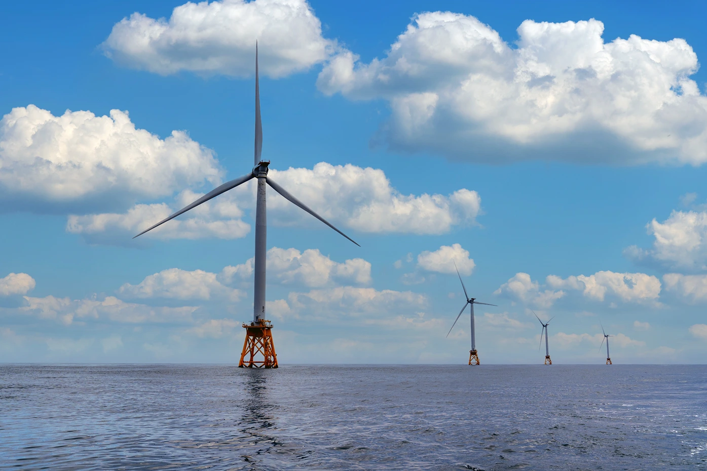 An row of wind turbines in the ocean. Block Island Wind Farm, Rhode Island