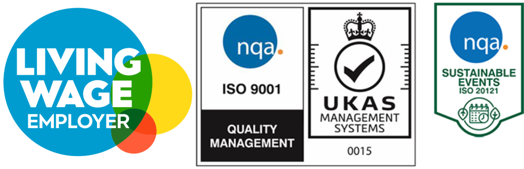 RenewableUK certifications: Living Wage Employer badge, ISO 9001 quality management, UKAS management systems 0015, ISO 20121 sustainable events