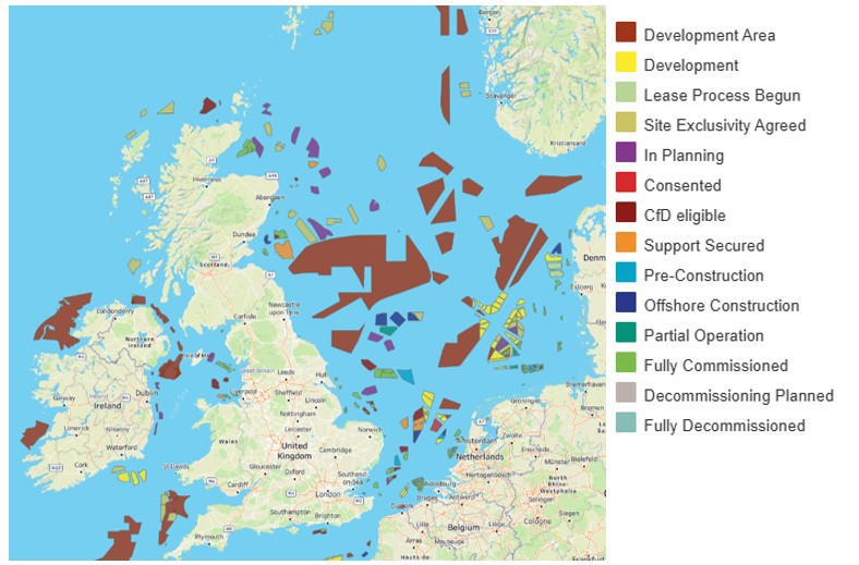 Map of UK offshore wind projects at various stages of development
