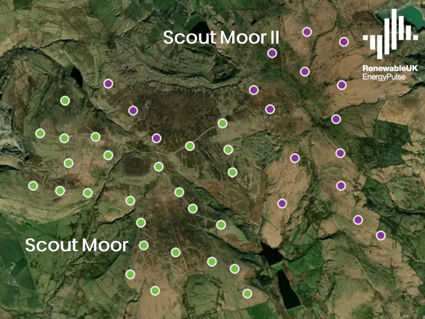 Scout Moor II turbine locations on a map